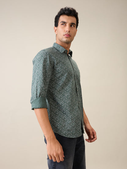 Parx Men Green Printed Slim Fit Cotton Casual Shirt