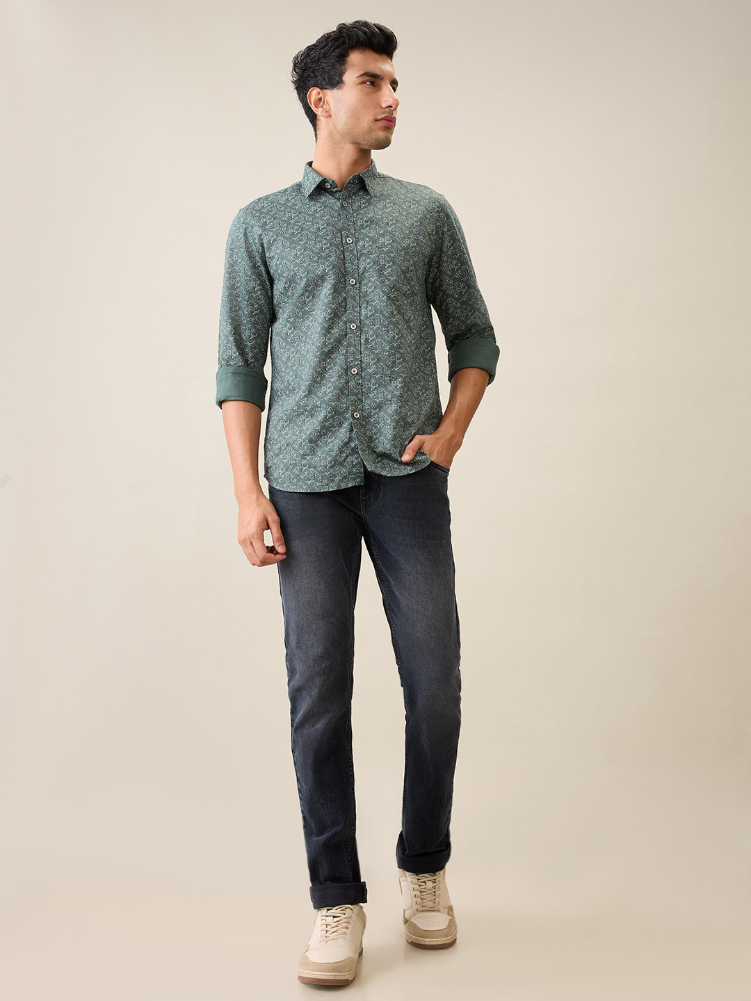 Parx Men Green Printed Slim Fit Cotton Casual Shirt