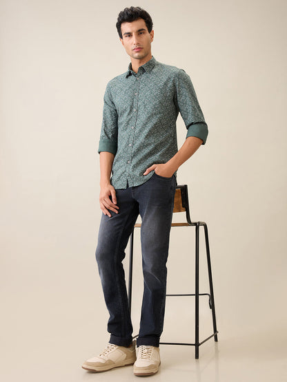 Parx Men Green Printed Slim Fit Cotton Casual Shirt