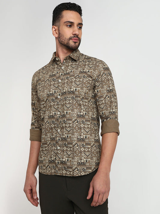 Parx Men Green Printed Slim Fit Cotton Casual Shirt