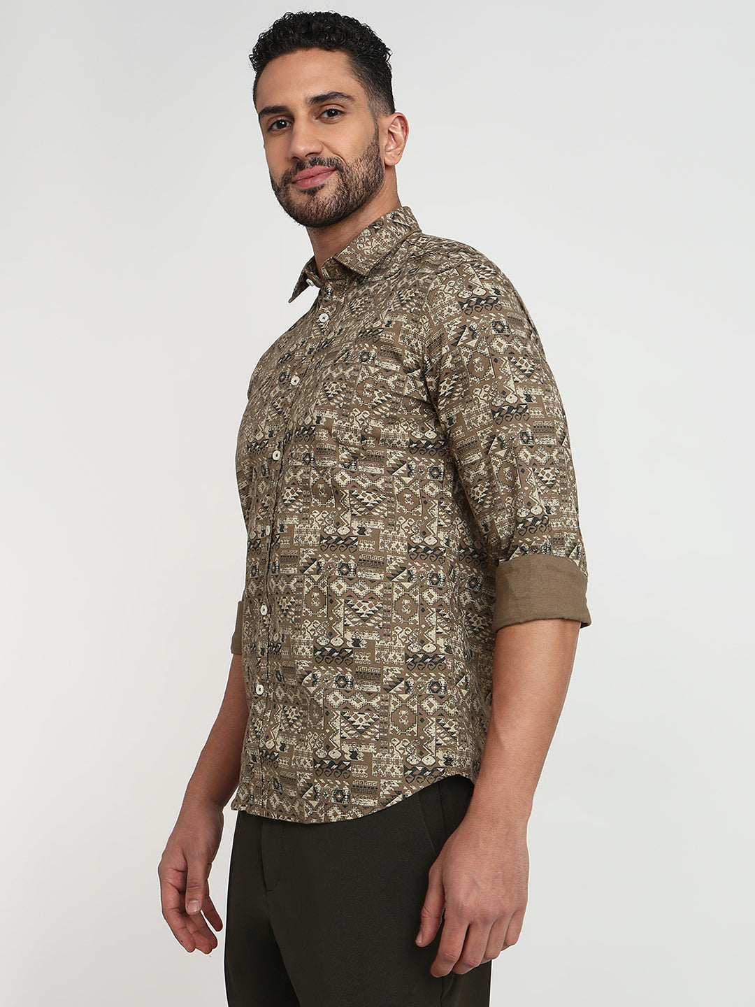 Parx Men Green Printed Slim Fit Cotton Casual Shirt