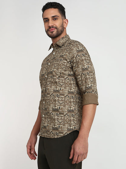 Parx Men Green Printed Slim Fit Cotton Casual Shirt
