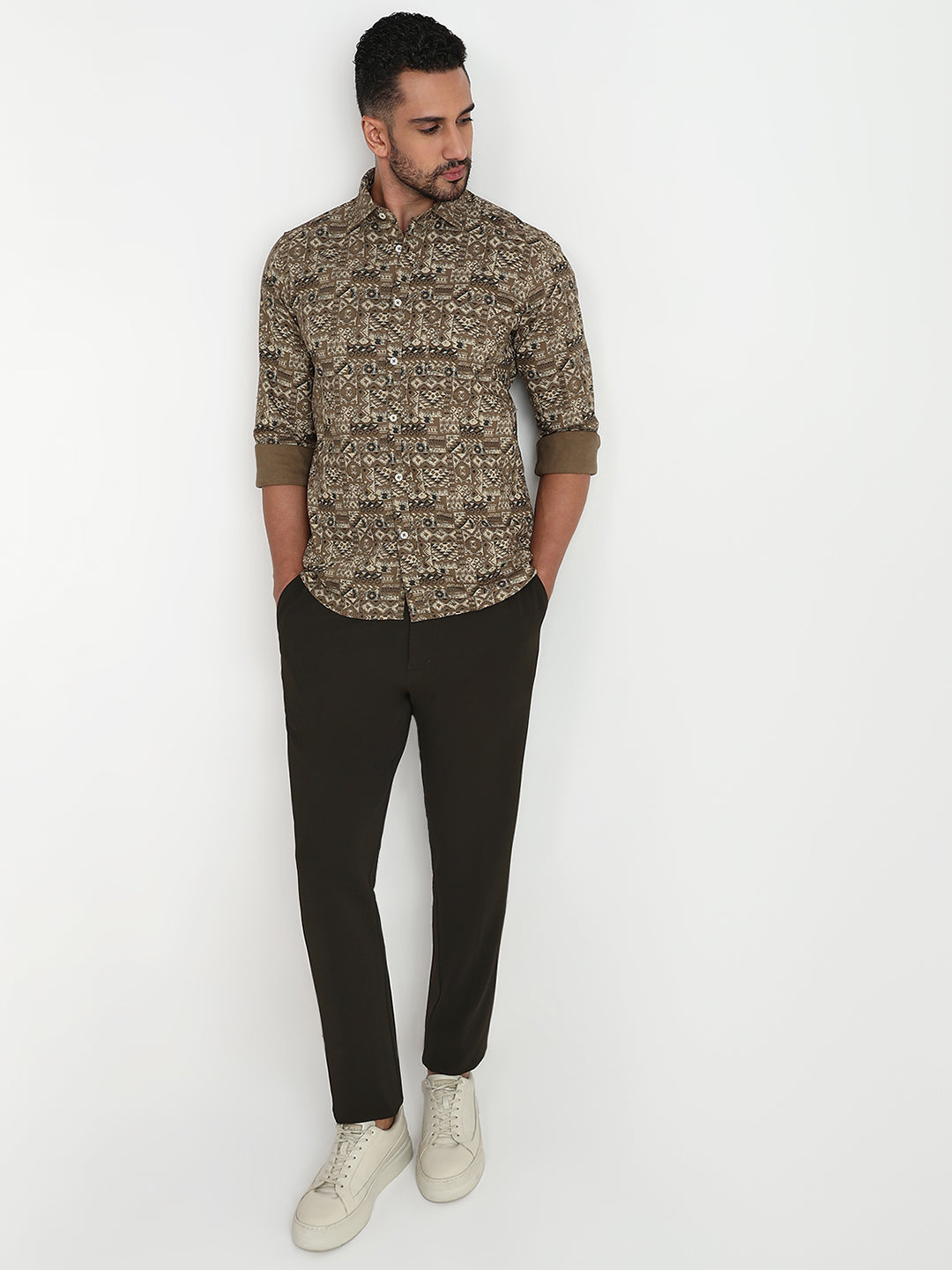 Parx Men Green Printed Slim Fit Cotton Casual Shirt