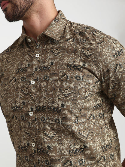 Parx Men Green Printed Slim Fit Cotton Casual Shirt