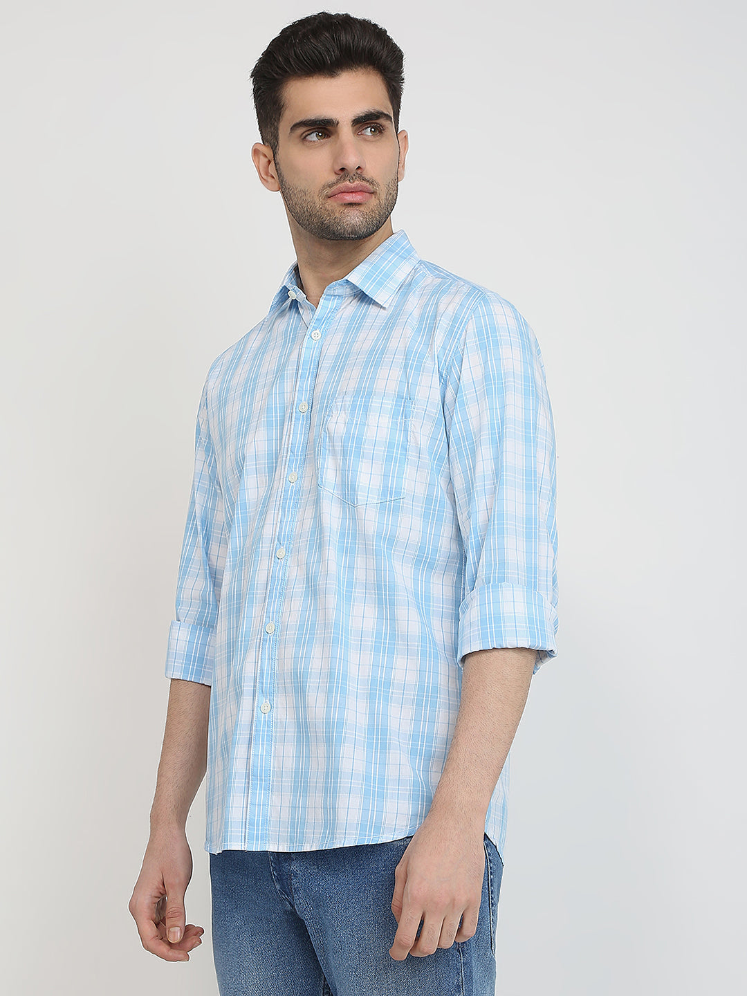 Parx Men Blue Checks Slim Fit Cotton Casual Shirt
