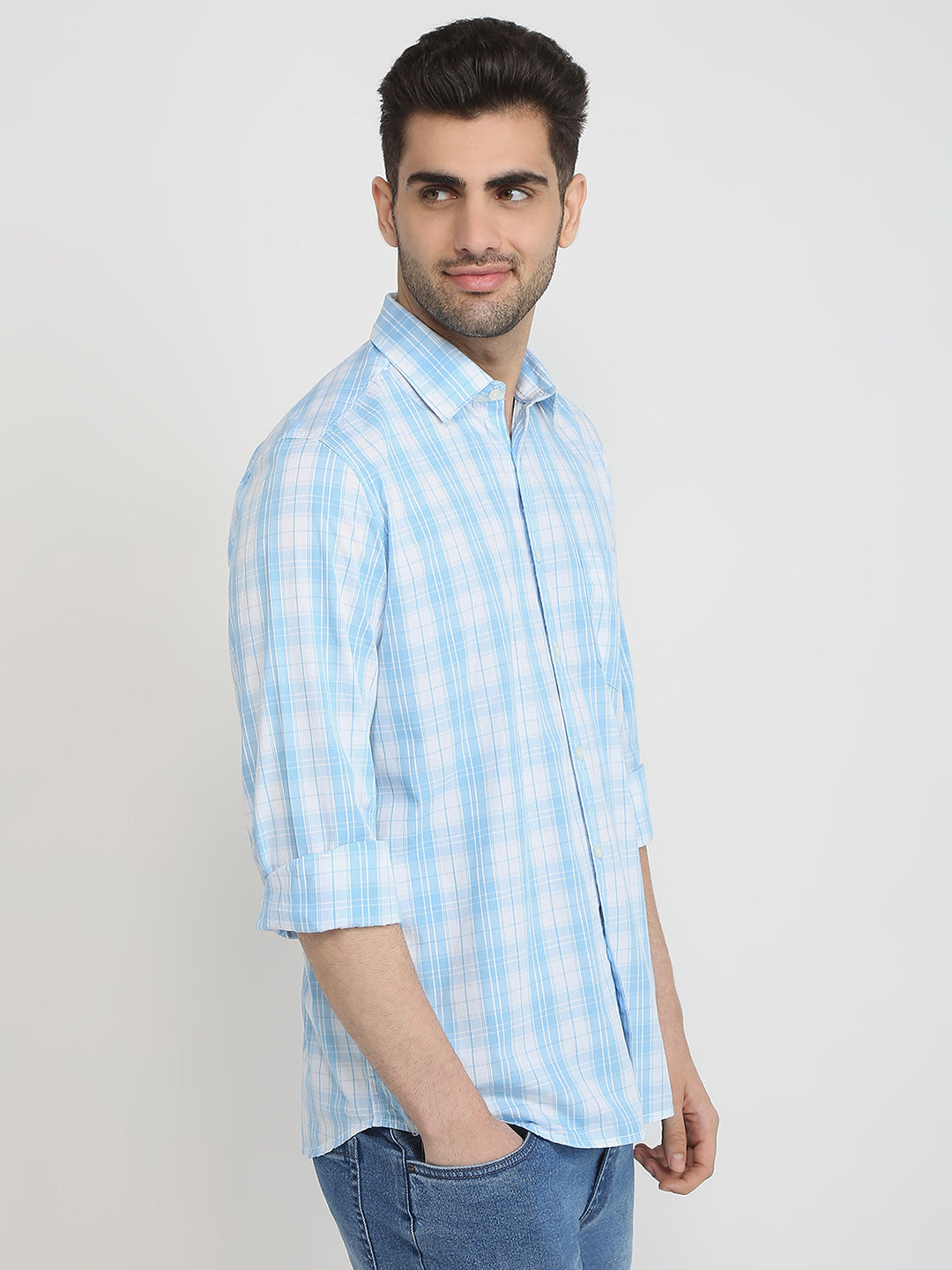 Parx Men Blue Checks Slim Fit Cotton Casual Shirt