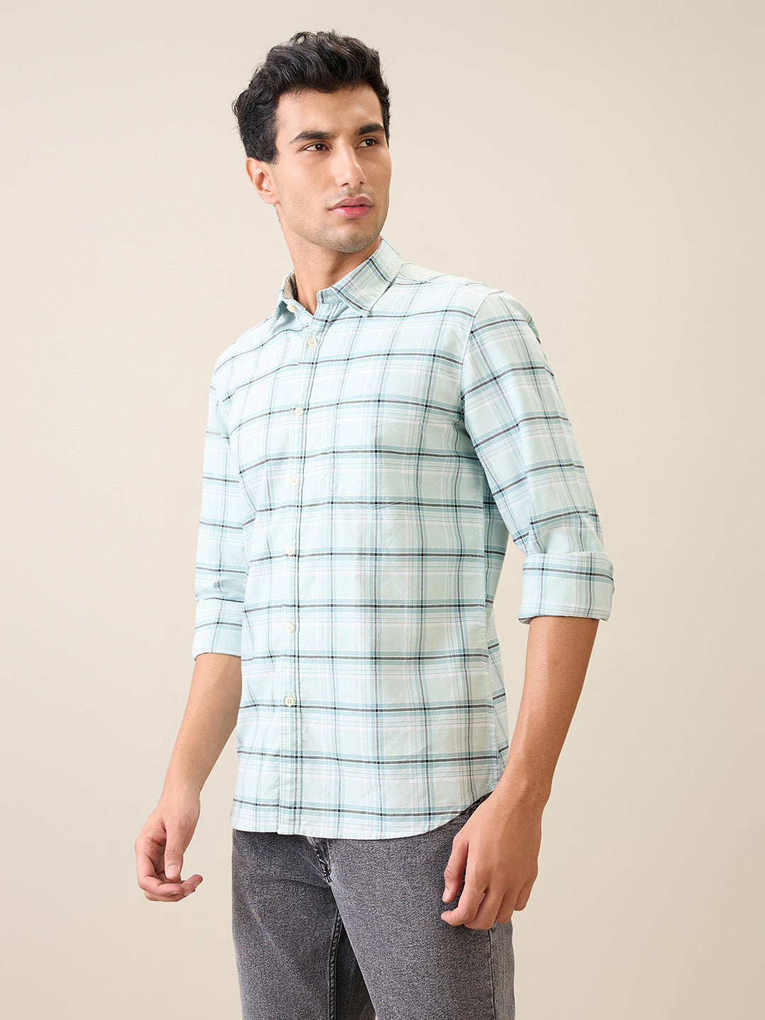 Parx Men Green Checks Slim Fit Cotton Casual Shirt