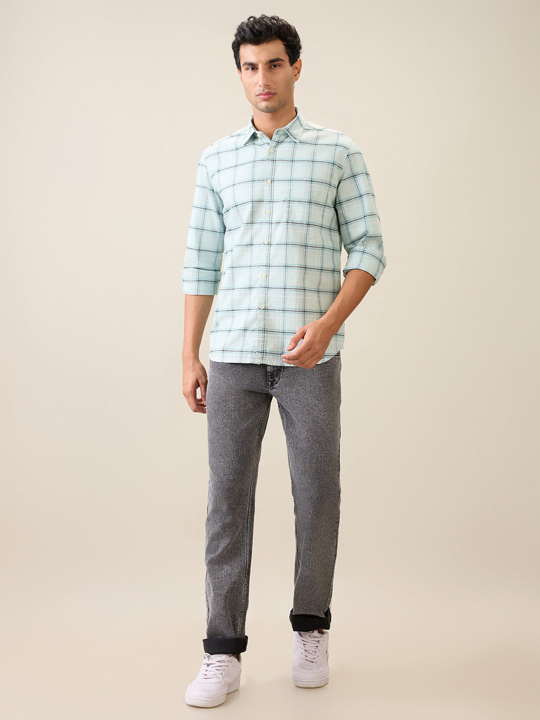 Parx Men Green Checks Slim Fit Cotton Casual Shirt