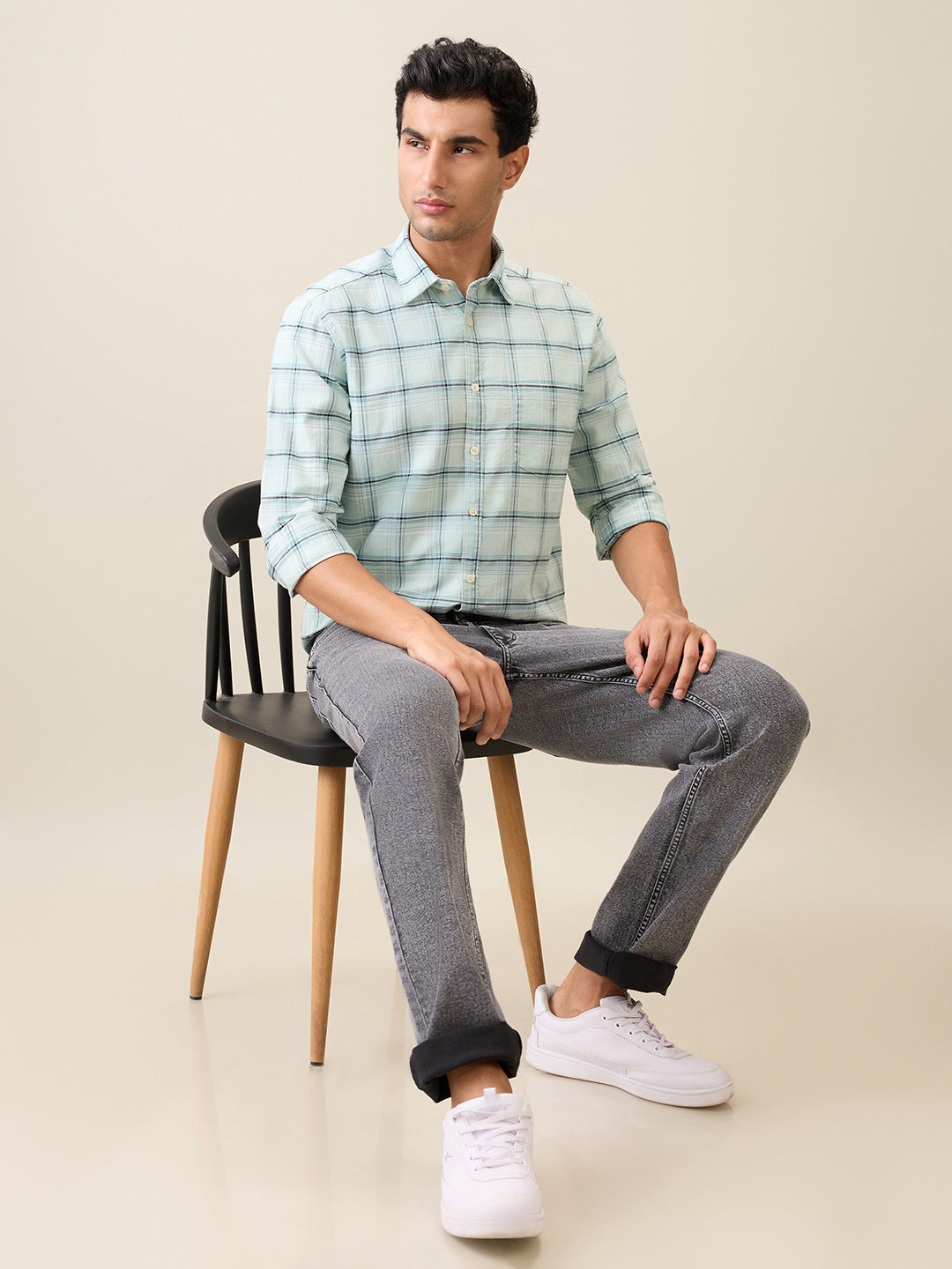 Parx Men Green Checks Slim Fit Cotton Casual Shirt