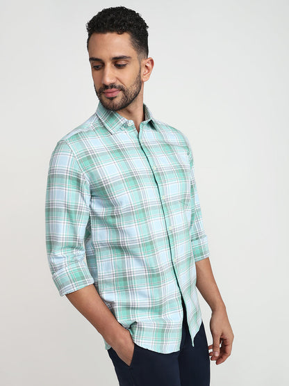 Parx Men Green Checks Slim Fit Cotton Casual Shirt