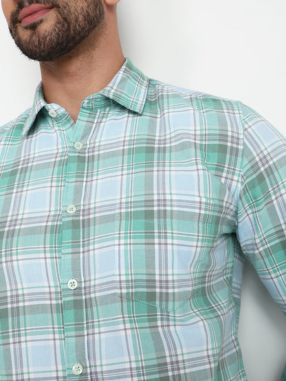 Parx Men Green Checks Slim Fit Cotton Casual Shirt