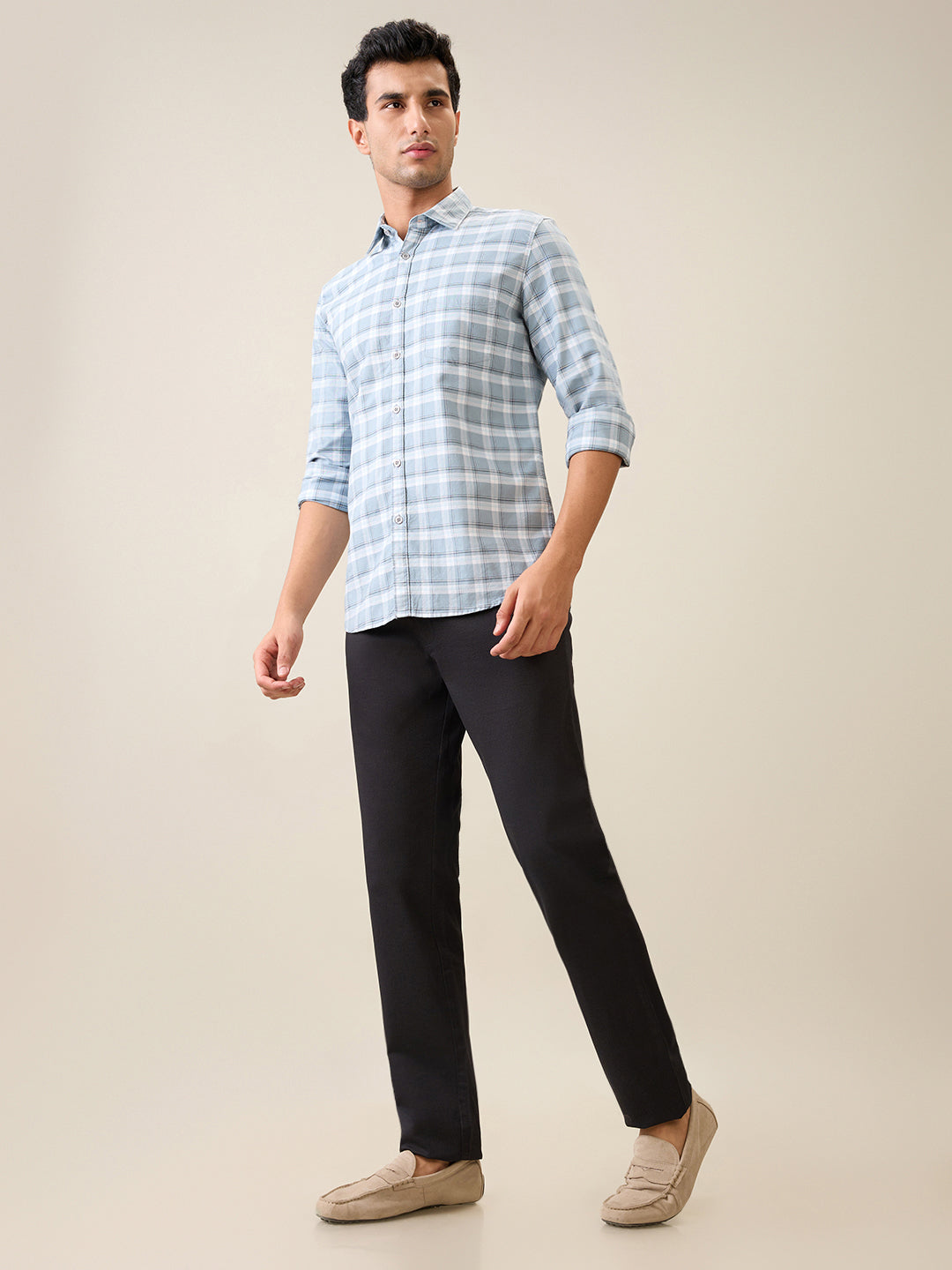 Parx Men Grey Checks Slim Fit Cotton Blend Casual Shirt