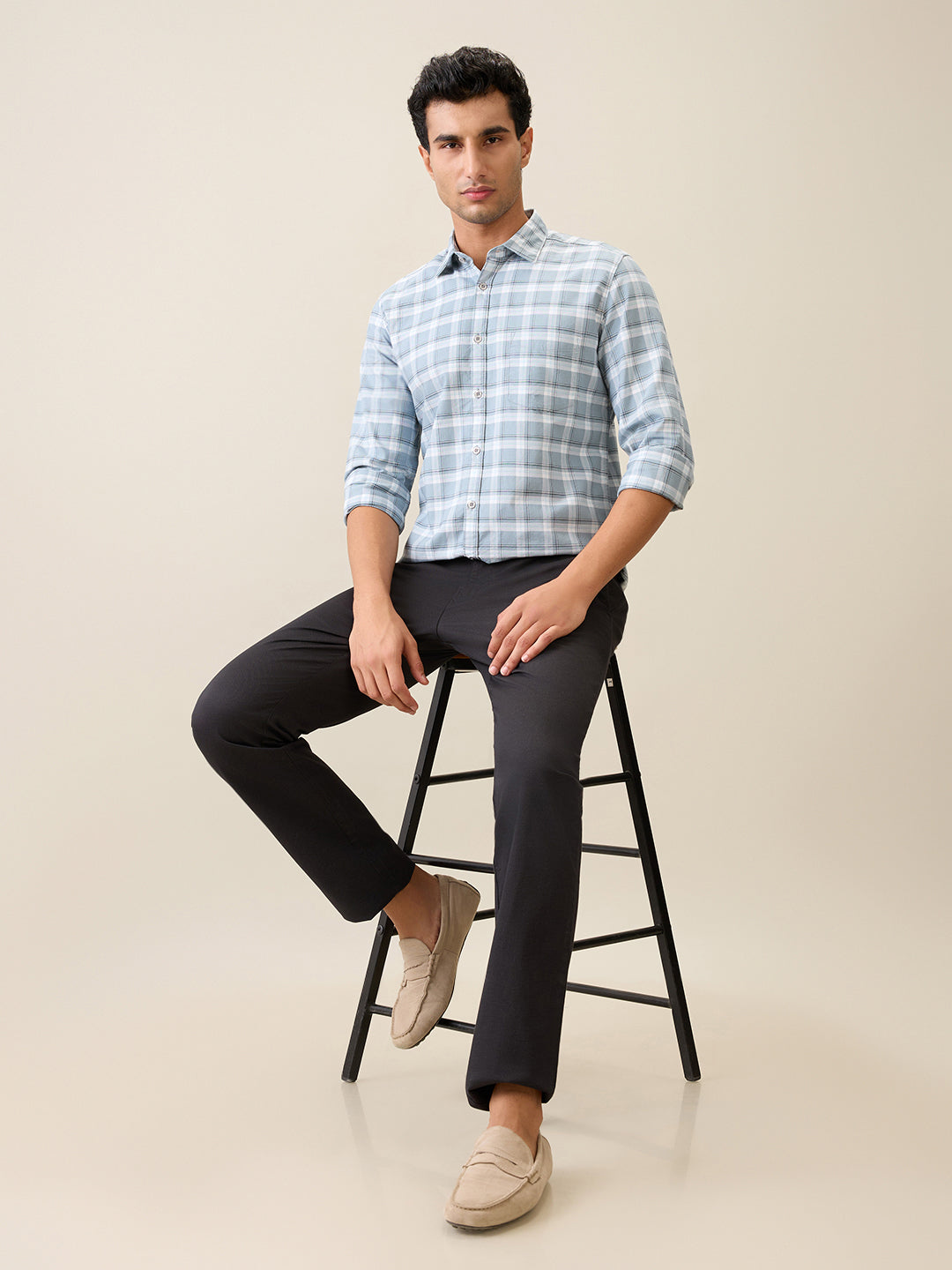 Parx Men Grey Checks Slim Fit Cotton Blend Casual Shirt