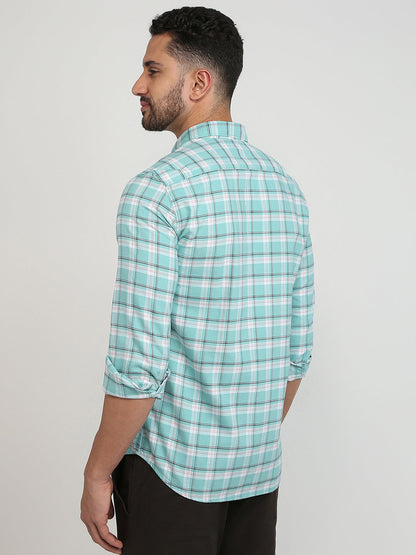 Parx Men Green Checks Slim Fit Cotton Blend Casual Shirt