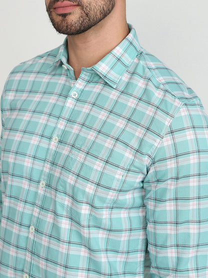 Parx Men Green Checks Slim Fit Cotton Blend Casual Shirt