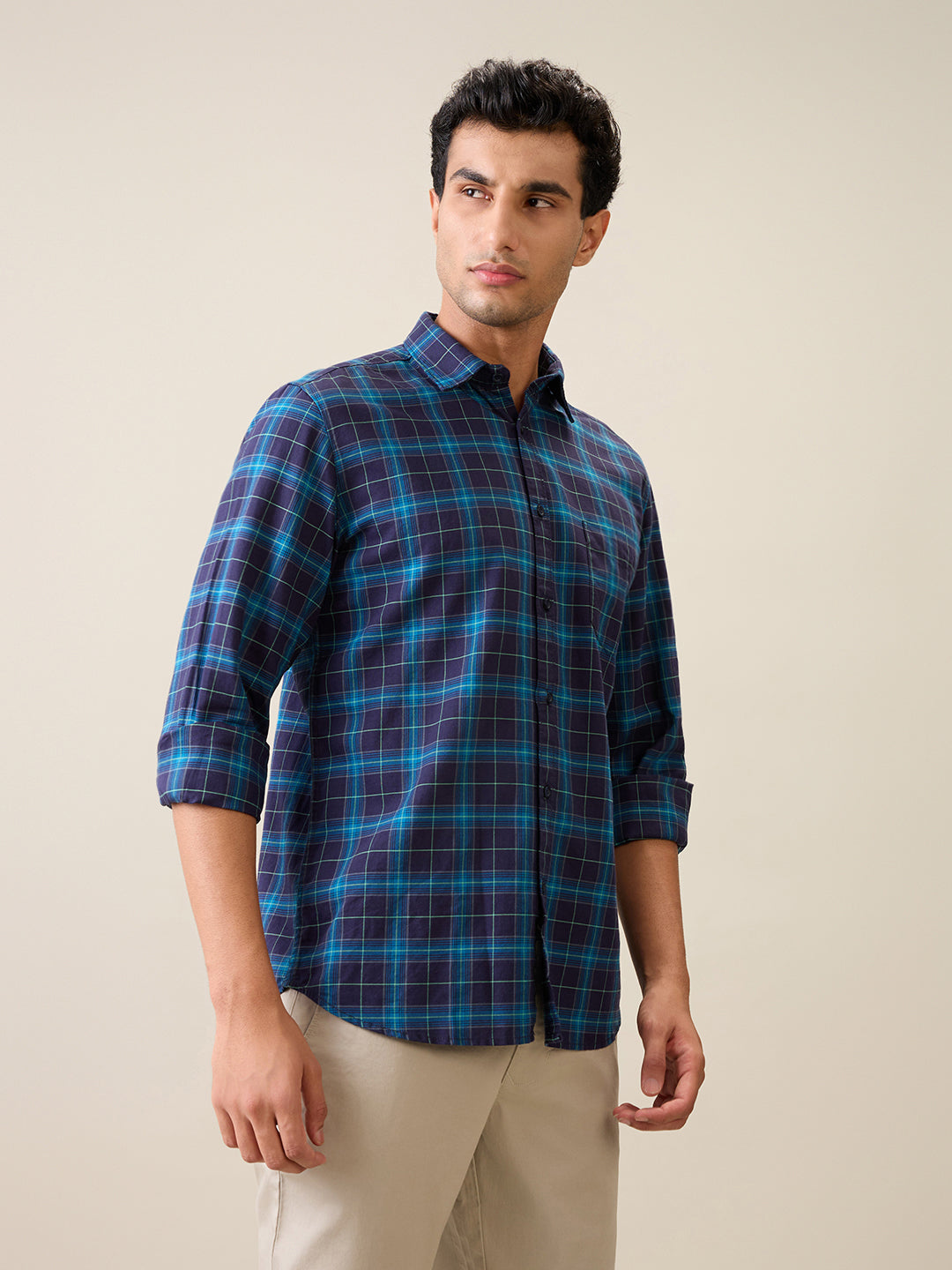 Parx Men Blue Checks Slim Fit Cotton Casual Shirt
