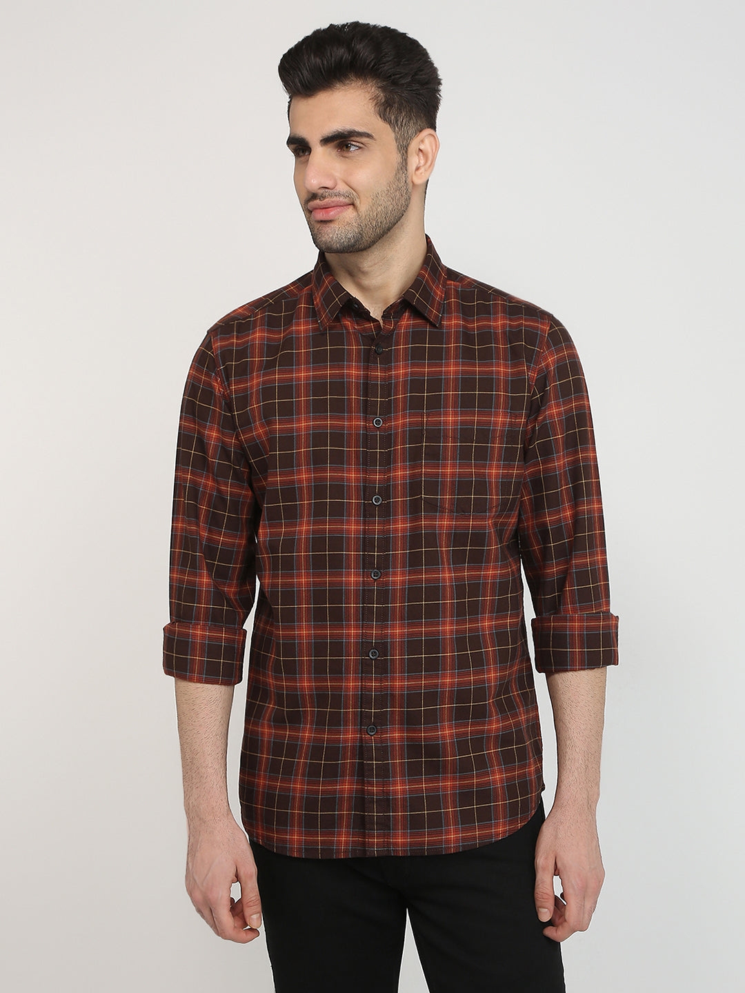 Parx Men Brown Checks Slim Fit Cotton Casual Shirt