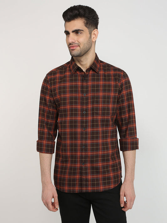 Parx Men Brown Checks Slim Fit Cotton Casual Shirt
