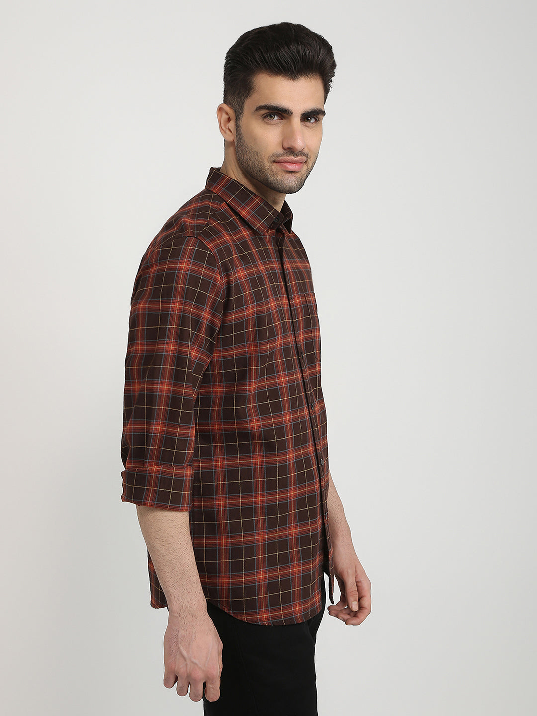 Parx Men Brown Checks Slim Fit Cotton Casual Shirt