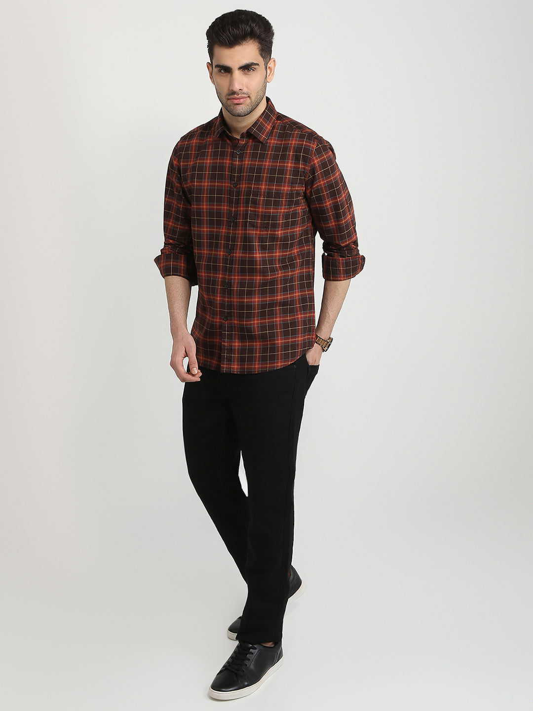 Parx Men Brown Checks Slim Fit Cotton Casual Shirt