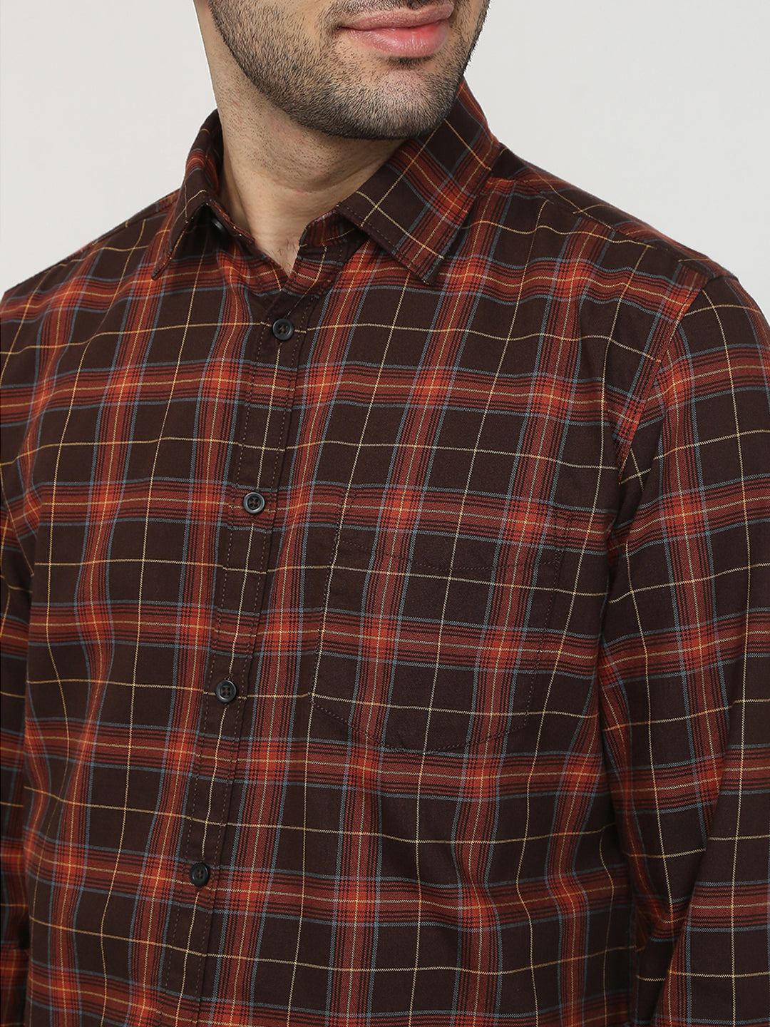 Parx Men Brown Checks Slim Fit Cotton Casual Shirt