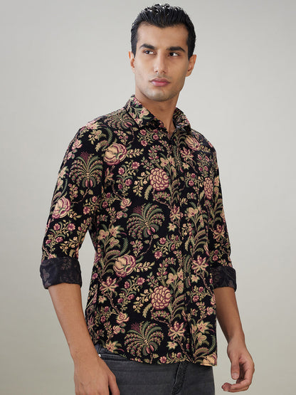 Parx Men Black Printed Slim Fit Cotton Full Sleeve Casual Shirt