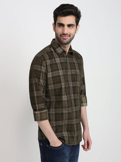 Parx Men Green Checks Slim Fit Cotton Full Sleeve Casual Shirt