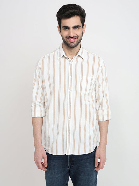 Parx Men White Stripe Slim Fit Cotton Full Sleeve Casual Shirt