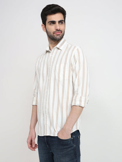 Parx Men White Stripe Slim Fit Cotton Full Sleeve Casual Shirt