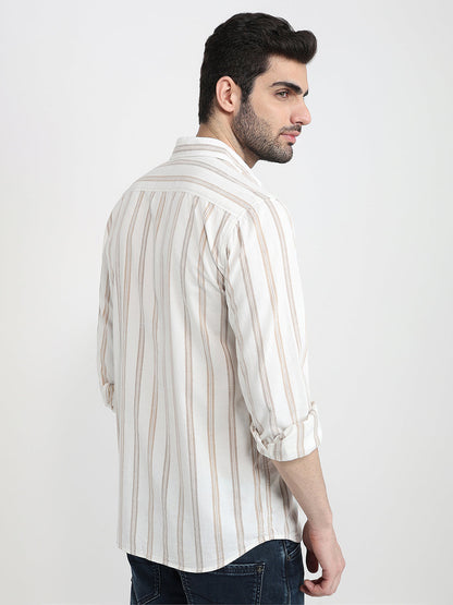 Parx Men White Stripe Slim Fit Cotton Full Sleeve Casual Shirt