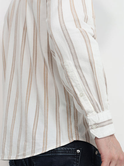 Parx Men White Stripe Slim Fit Cotton Full Sleeve Casual Shirt