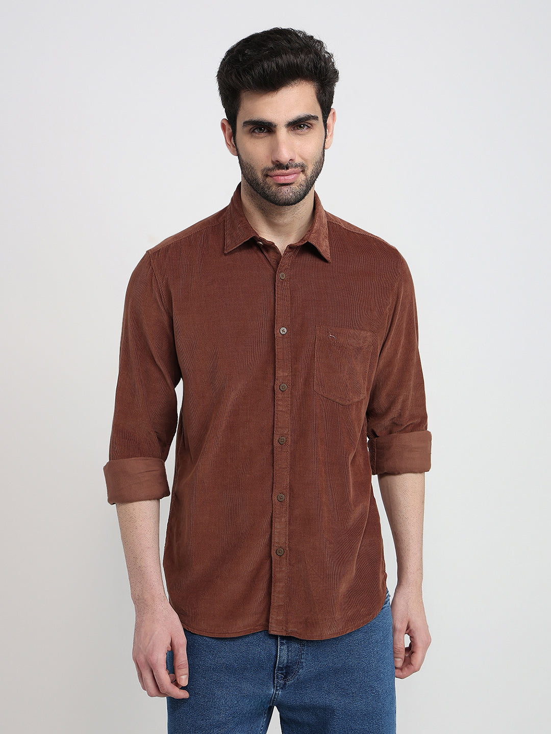 Parx Men Brown Solid Slim Fit Cotton Full Sleeve Casual Shirt