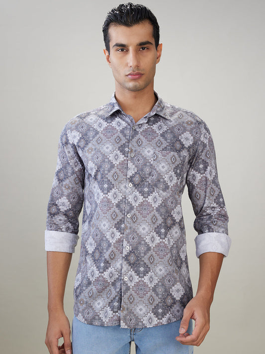 Parx Men Grey Printed Slim Fit Cotton Full Sleeve Casual Shirt