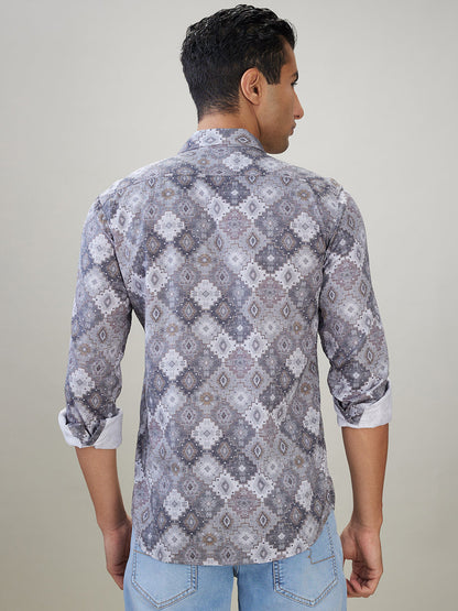 Parx Men Grey Printed Slim Fit Cotton Full Sleeve Casual Shirt