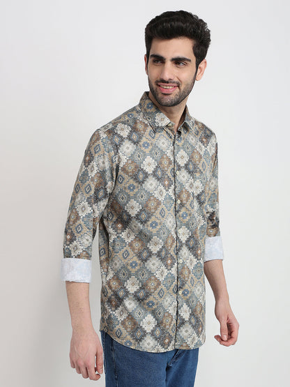 Parx Men Yellow Printed Slim Fit Cotton Full Sleeve Casual Shirt