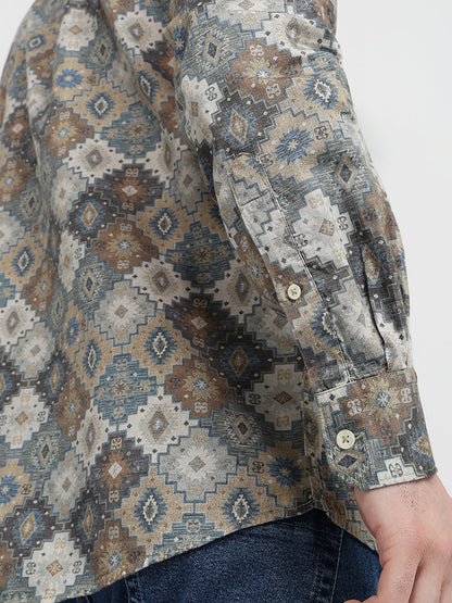 Parx Men Yellow Printed Slim Fit Cotton Full Sleeve Casual Shirt