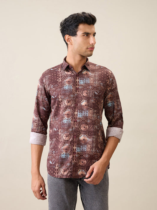 Parx Men Red Printed Slim Fit Cotton Full Sleeve Casual Shirt