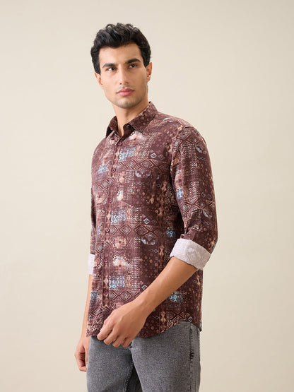 Parx Men Red Printed Slim Fit Cotton Full Sleeve Casual Shirt