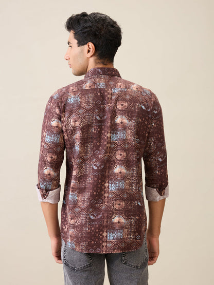 Parx Men Red Printed Slim Fit Cotton Full Sleeve Casual Shirt