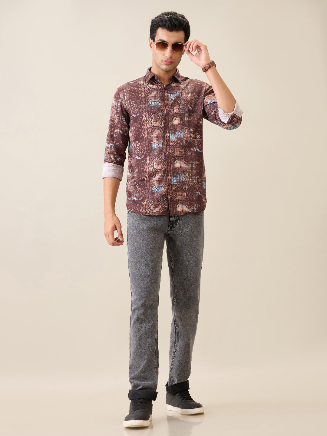 Parx Men Red Printed Slim Fit Cotton Full Sleeve Casual Shirt