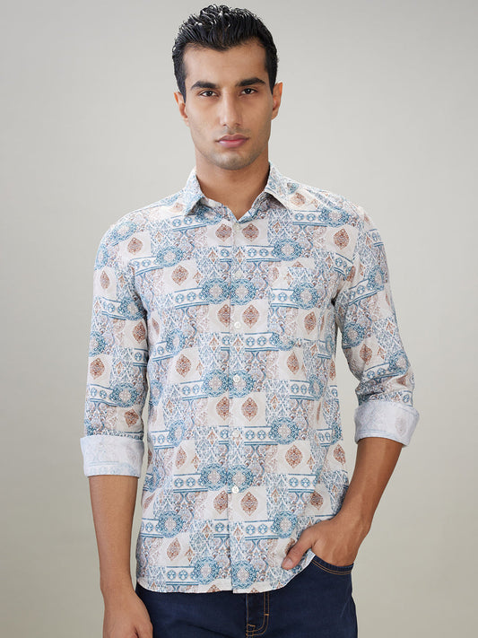 Parx Men Brown Printed Slim Fit Cotton Full Sleeve Casual Shirt