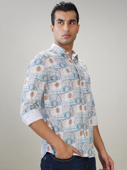 Parx Men Brown Printed Slim Fit Cotton Full Sleeve Casual Shirt