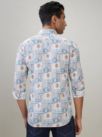 Parx Men Brown Printed Slim Fit Cotton Full Sleeve Casual Shirt