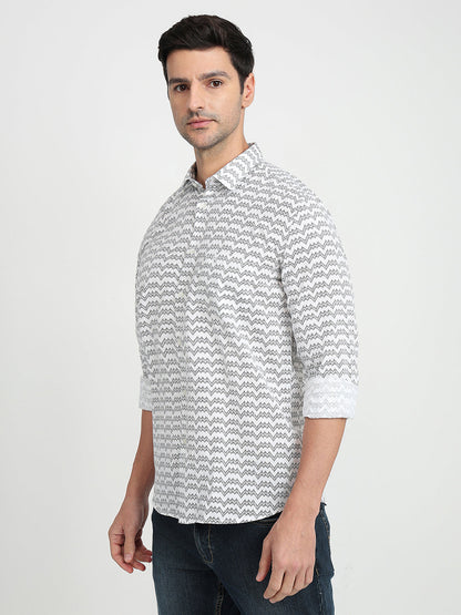 Parx Men White Printed Slim Fit Cotton Full Sleeve Casual Shirt