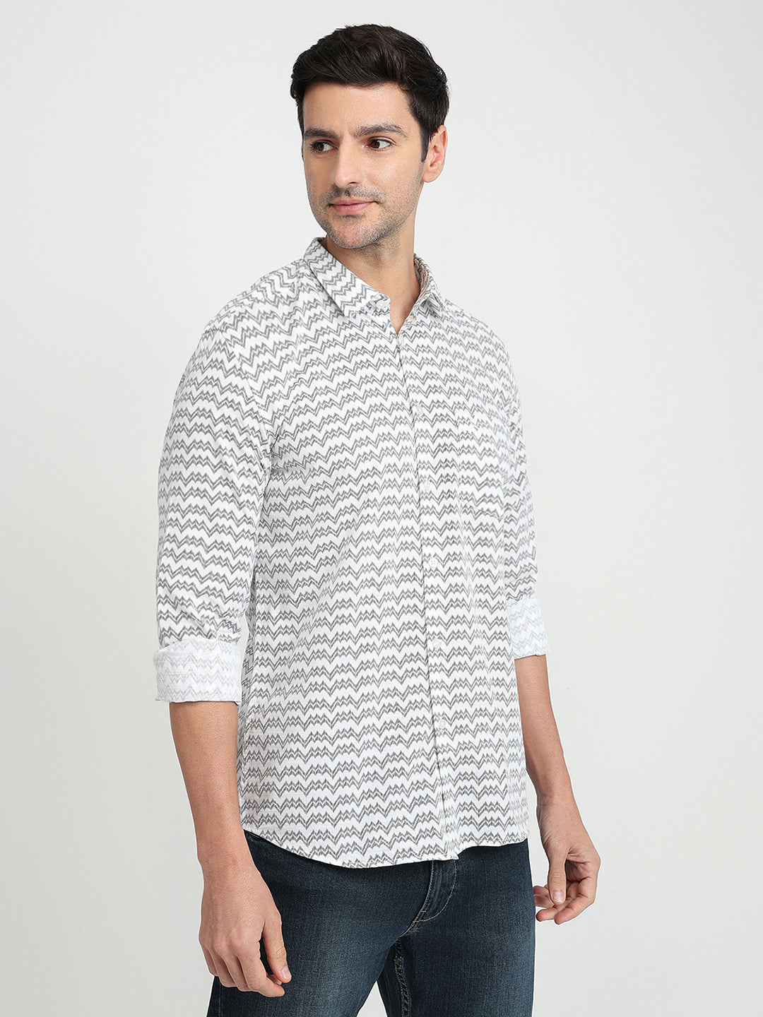 Parx Men White Printed Slim Fit Cotton Full Sleeve Casual Shirt