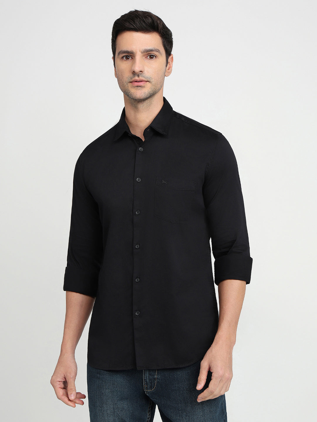 Parx Men Black Solid Slim Fit Cotton Blend Full Sleeve Casual Shirt