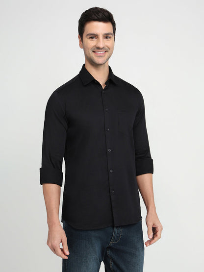 Parx Men Black Solid Slim Fit Cotton Blend Full Sleeve Casual Shirt