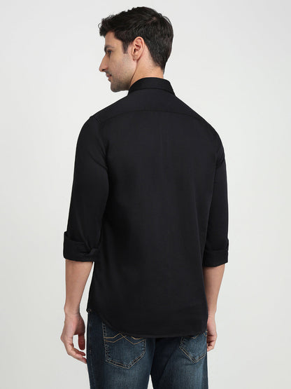 Parx Men Black Solid Slim Fit Cotton Blend Full Sleeve Casual Shirt