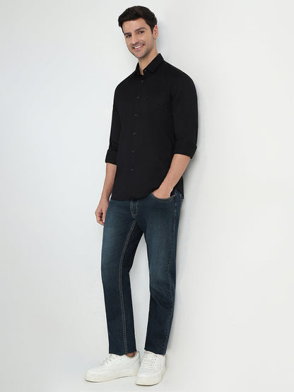 Parx Men Black Solid Slim Fit Cotton Blend Full Sleeve Casual Shirt