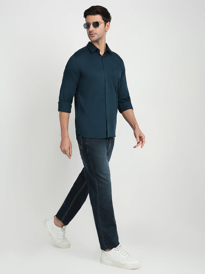 Parx Men Blue Solid Slim Fit Cotton Blend Full Sleeve Casual Shirt